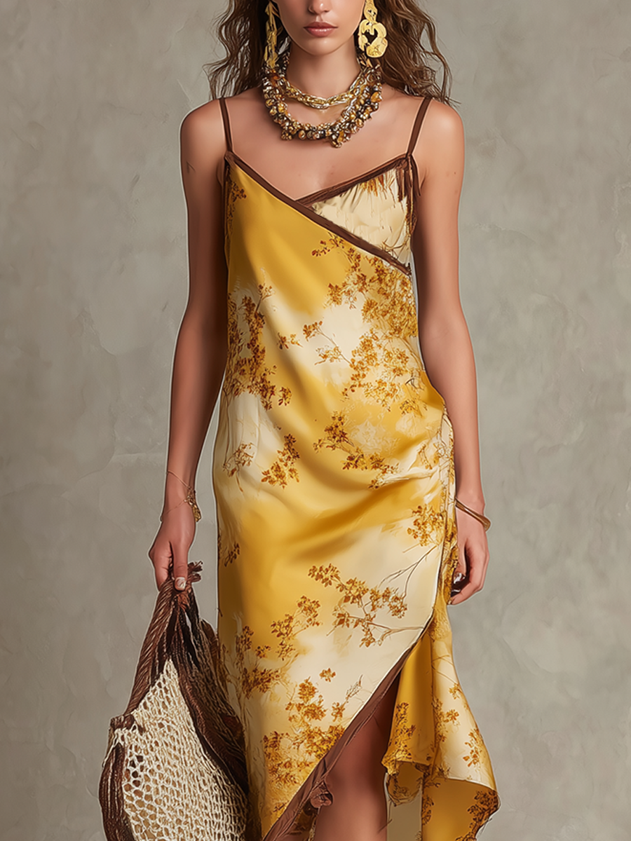 Golden Floral Asymmetric Slip Midi Dress