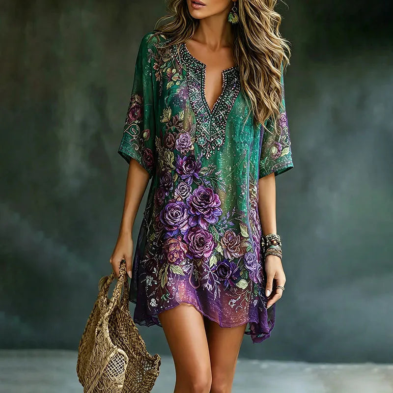 Women's Vintage Romantic Floral Art Linen Blend Mini Dress
