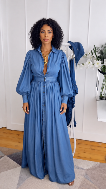 Denim Puff Sleeve Maxi Dress