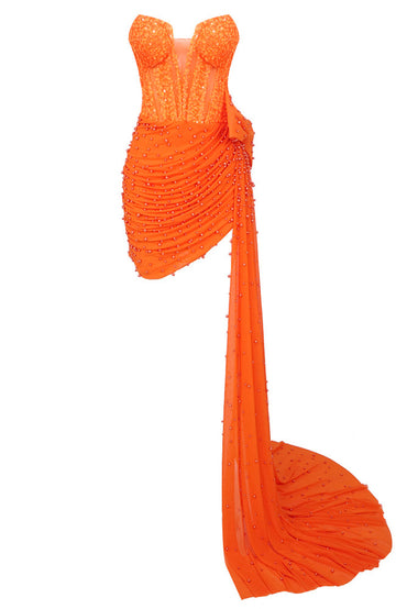 Strapless Corset Sequin Draped Dress Orange