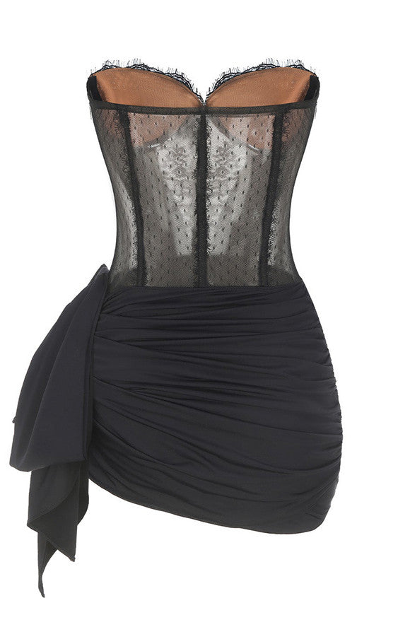 Strapless Lace Corset Draped Dress Black