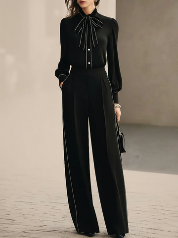 Black And White Trimmed Bow-tie Blouse And Wide-leg Trousers Two-piece Set