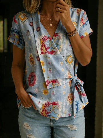 Women's Vintage Ethnic Floral Print Casual Cross-over Tie Neck Top
