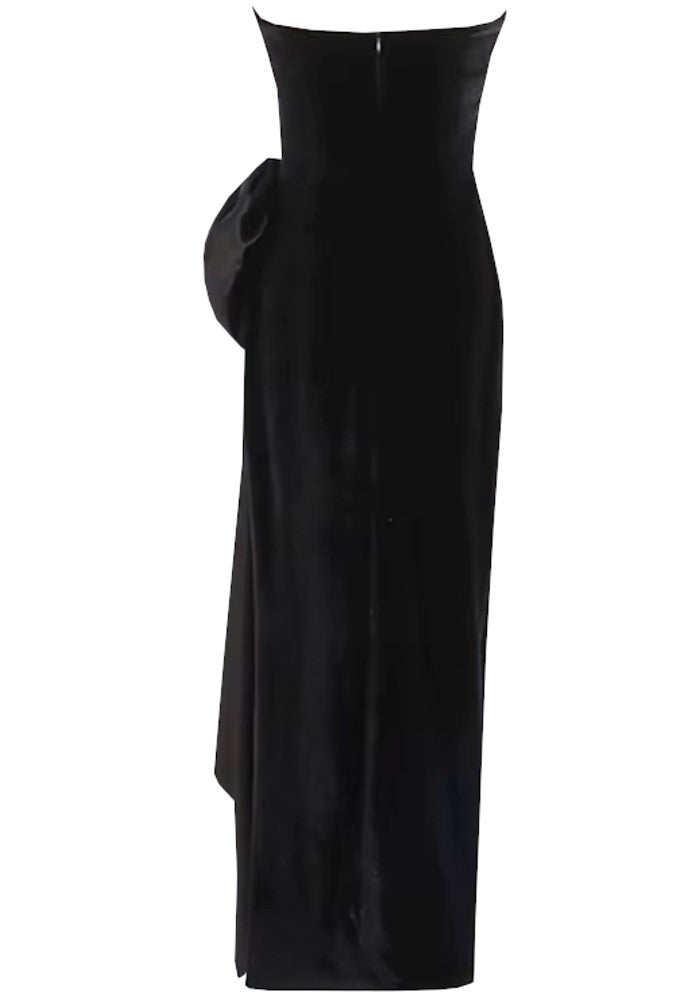 Strapless Bow Detail Maxi Velvet Dress Black