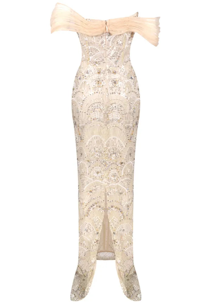 Bardot Sequin Bustier Maxi Dress Peach