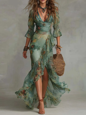 Grass Green Chiffon Irregular Ruffled Slit Maxi Dress