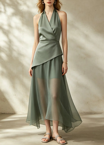 Women's Halter Neck Asymmetric Chiffon Maxi Dress with Waist Draping