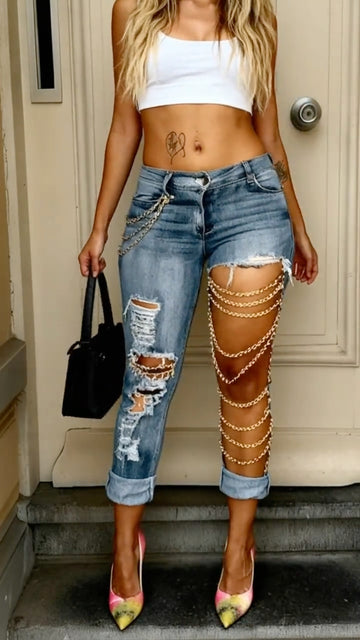 Asymmetric Ripped Chain Decor High Waist Skinny Denim Jeans