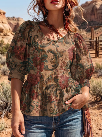 Women's Vintage Art Puff Sleeve Top