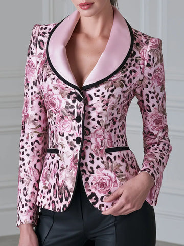 Floral Leopard Print Contrast-Lapel Tailored Blazer