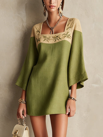 Elegant Green and Beige Embroidered Square-Neck Mini Dress
