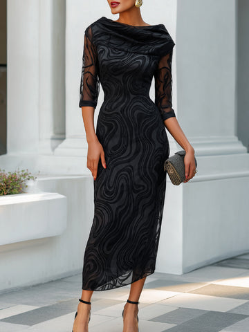 Elegant Artistic Print Mesh Midi Dress with Cowl Neck