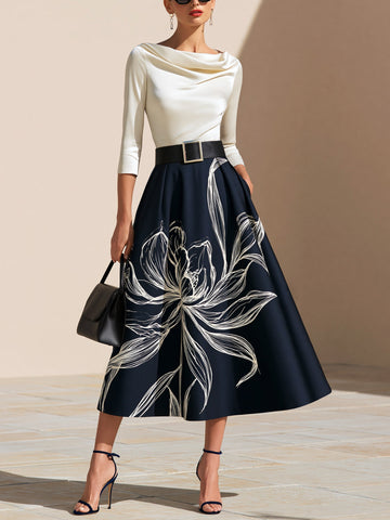 Elegant Layered Top and Printed Midi Skirt Set (Belt Included)