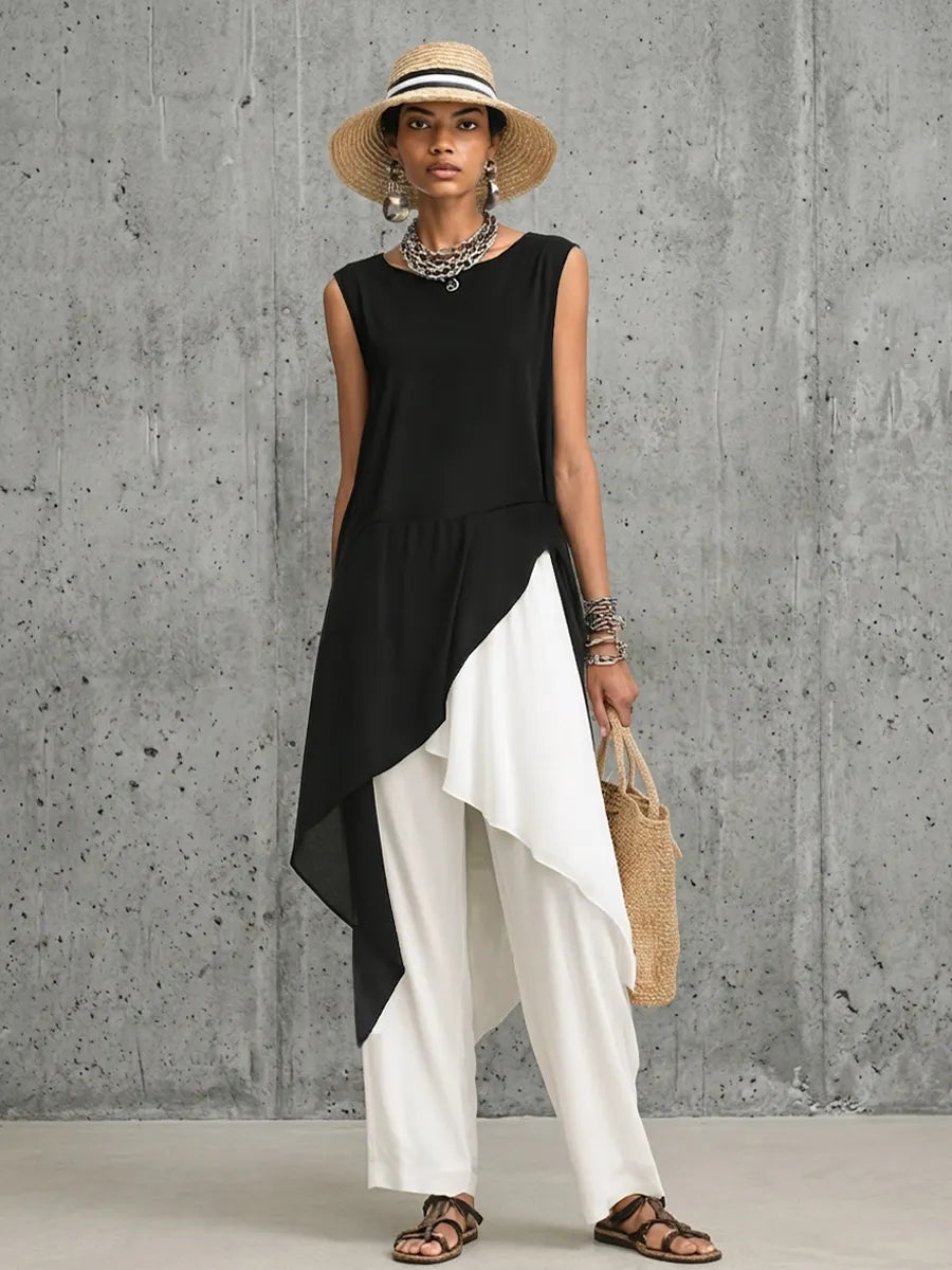 Women's Fashionable Black And White Color-Blocked Cotton Blend Chiffon Patchwork Sleeveless Long Top With Asymmetrical Hem MDZ2813D8GMJ