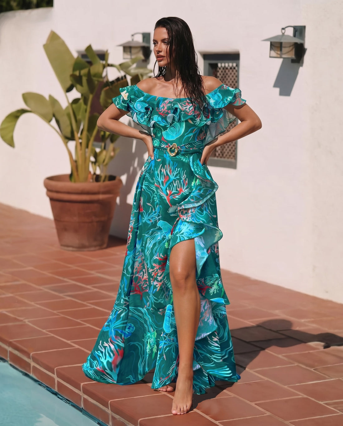 Removable Shoulder Strap Off Shoulder Marine Organism One Piece Swimsuit and Skirt