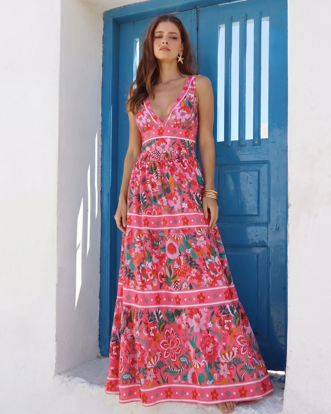 Pink Floral Paradise Print V-neck One Piece Swimsuit and Skirt
