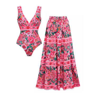 Pink Floral Paradise Print V-neck One Piece Swimsuit and Skirt