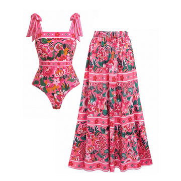 Pink Floral Paradise Print One Piece Swimsuit and Skirt