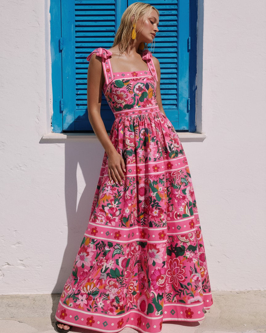 Pink Floral Paradise Print One Piece Swimsuit and Skirt