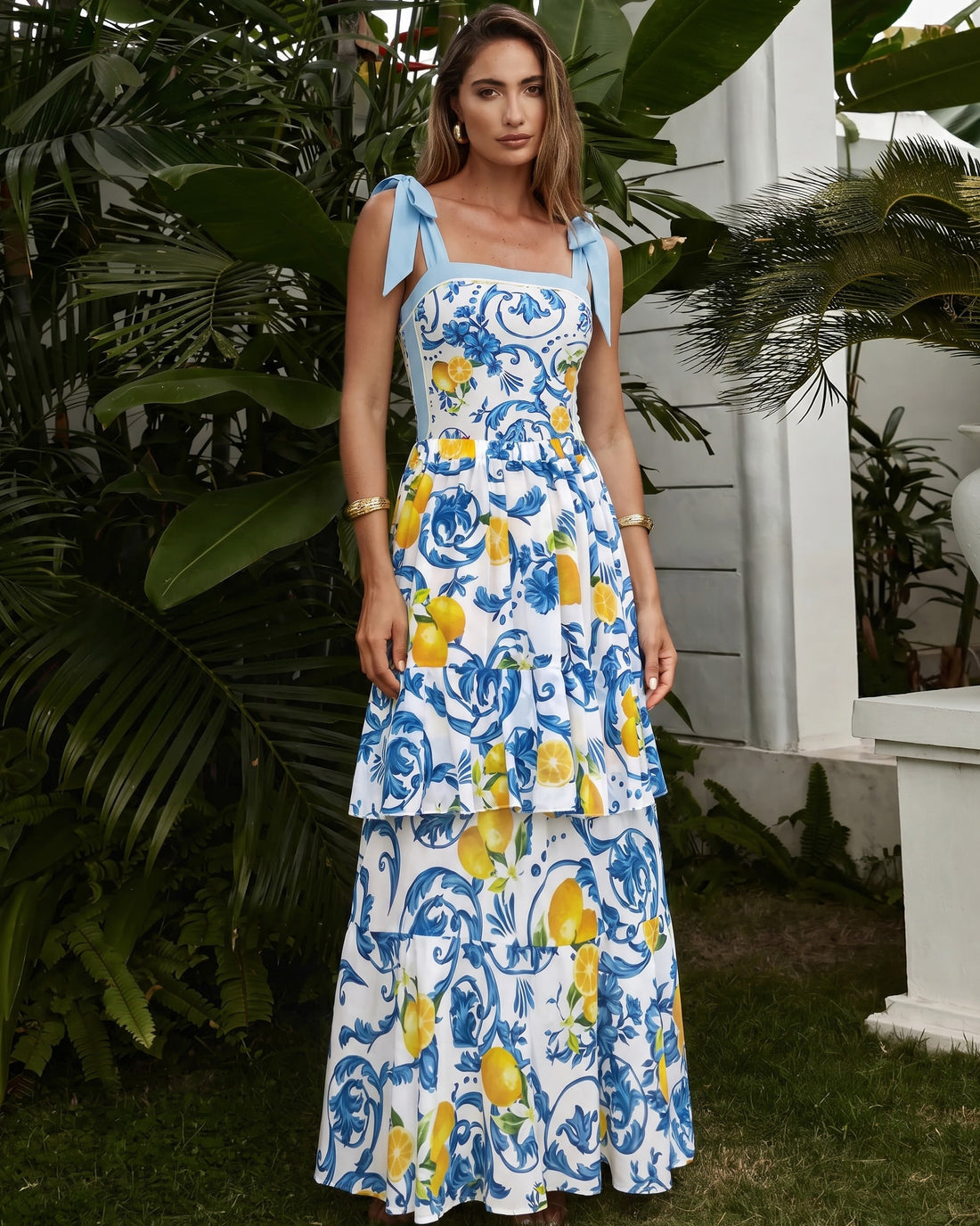 Lemon Print Tie-shoulder One Piece Swimsuit and Sarong or Skirt Flaxmaker