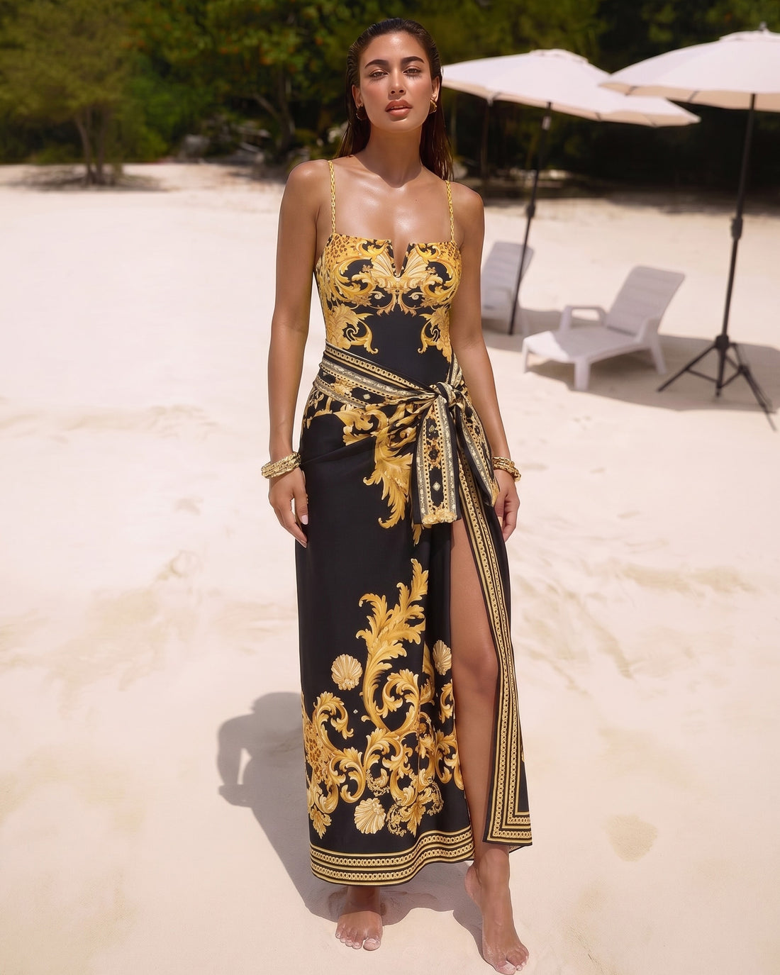 Vintage Black Gold Baroque Print Metal chain small V-neck One Piece Swimsuit and Skirt