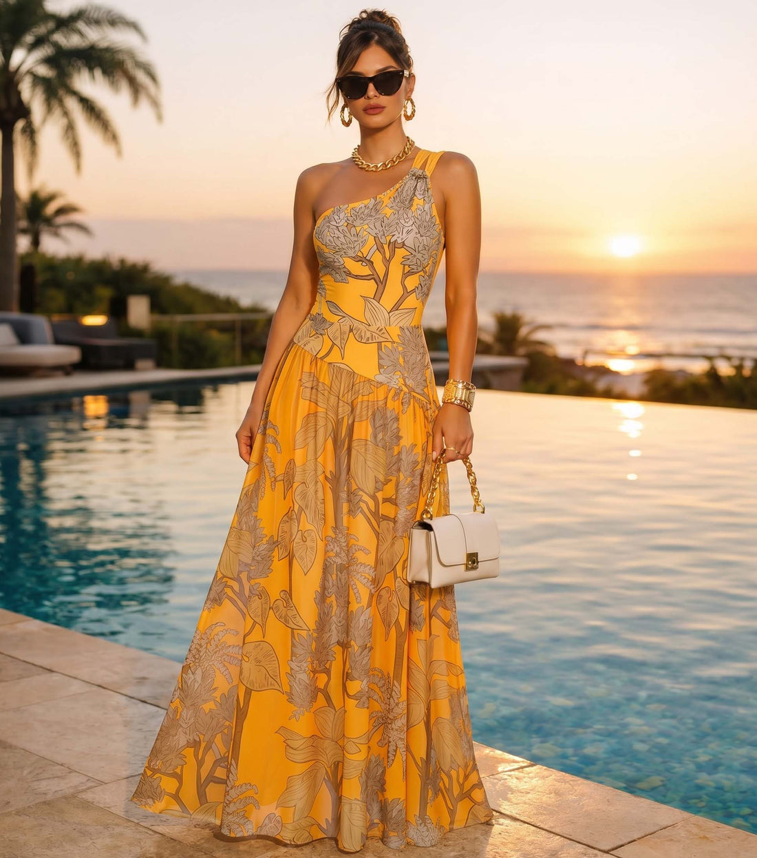 One Shoulder Yellow Printed Swimsuit Set(s)