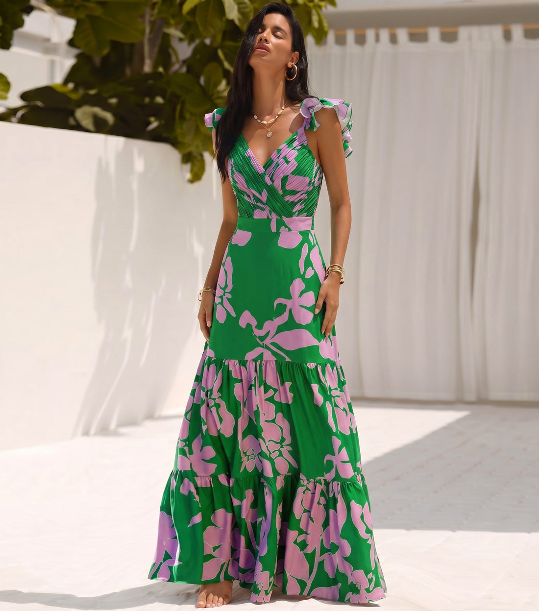 Ruffled Strap Printed One Piece Swimsuit and Skirt Flaxmaker
