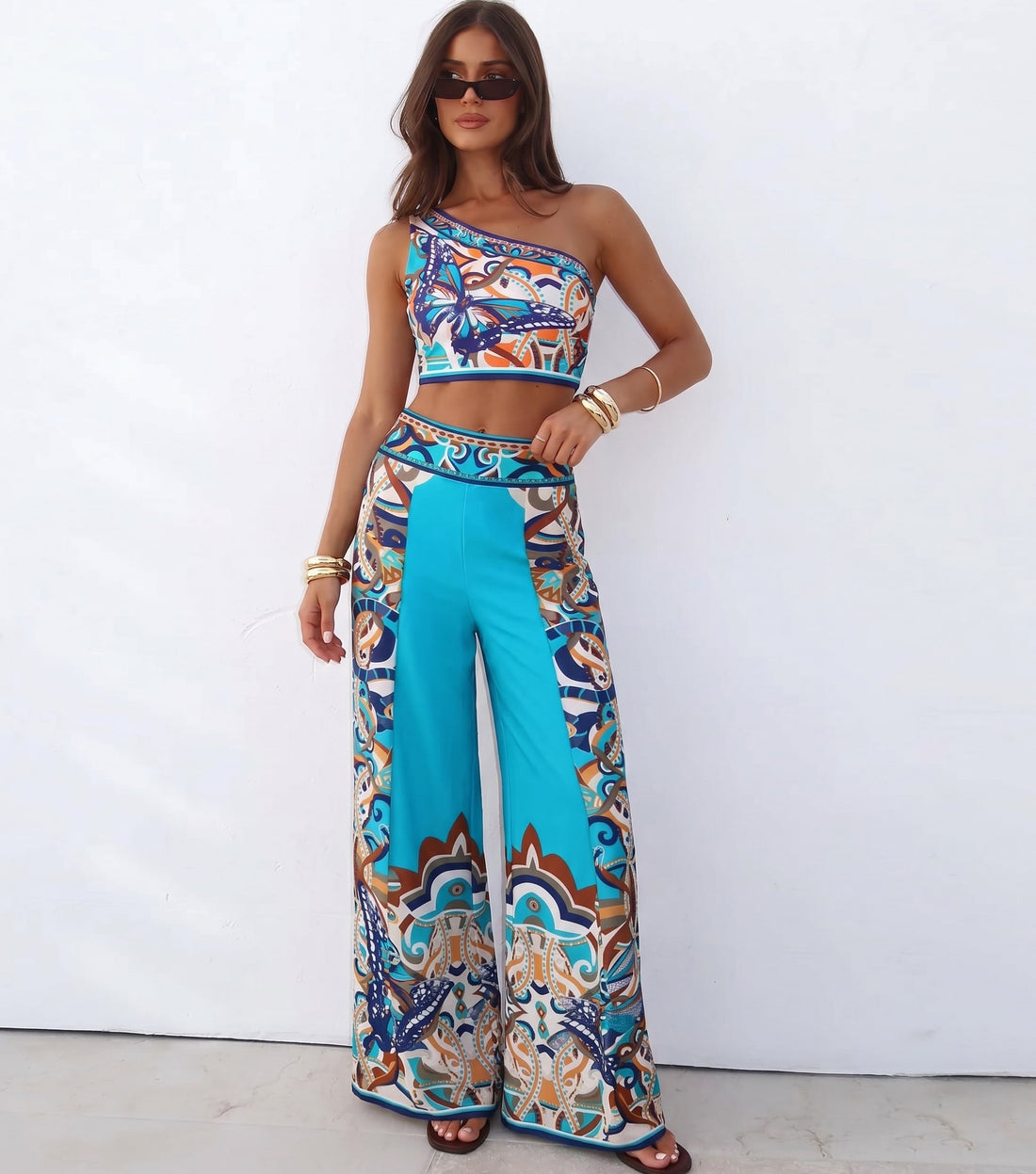 Butterfly and Dragonfly One Shoulder Hollow Print Bikini Swimsuit and Skirt