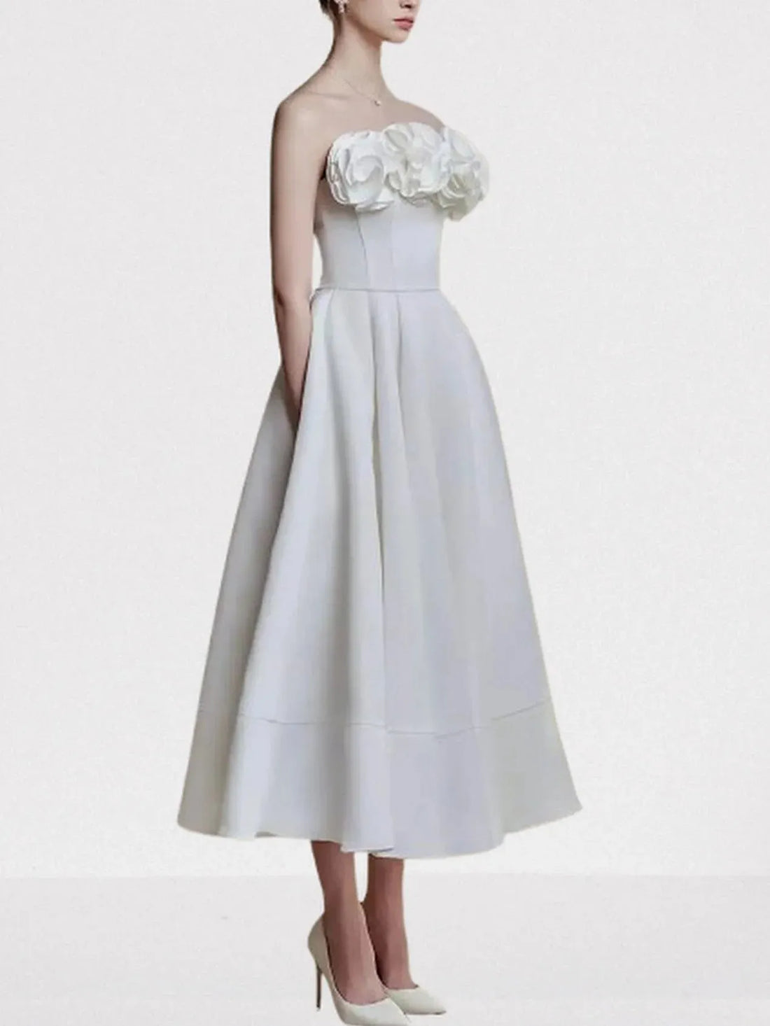 Floral-Appliqued White Sleeveless Fit & Flare Dress