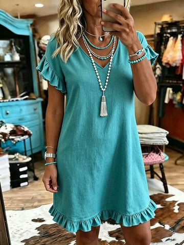 Women's Vintage V-neck Patchwork Ruffled Dress