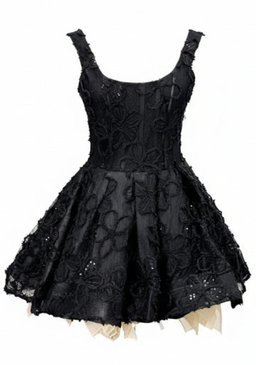 Sequin Floral Skater Dress Black