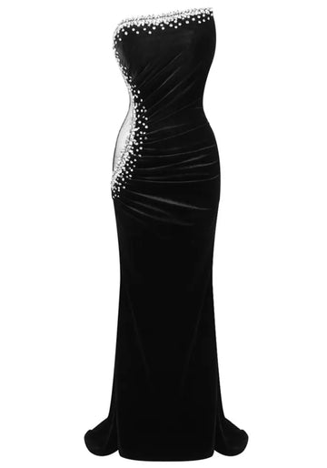 Crystal Strapless Maxi Velvet Dress Black