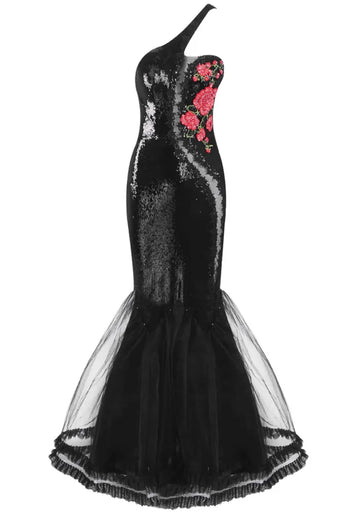 One Shoulder Floral Sequin Mermaid Maxi Dress Black