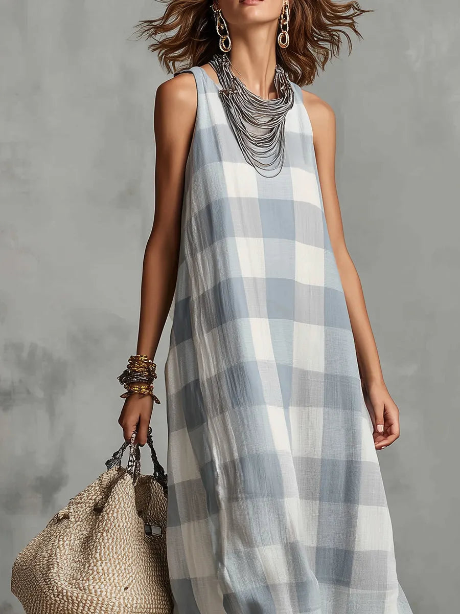 Casual Blue And White Checkered Sleeveless Long Dress