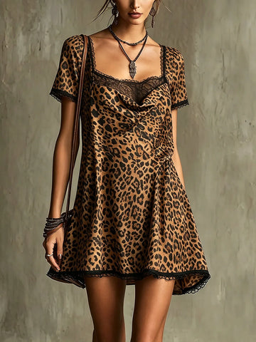 Square Neck Lace Trim Leopard Print Mini Dress