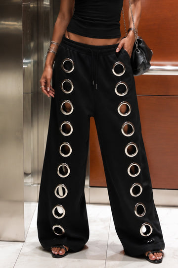 Metal Eyelet Cutout Wide Leg Pants