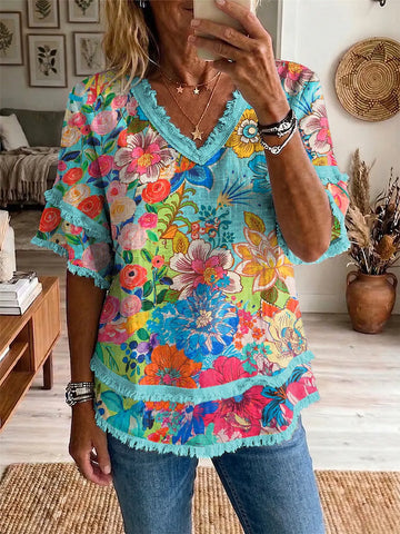 Bohemia Colorful Flowers Women's Art Casual Patchwork V Collar Shirt