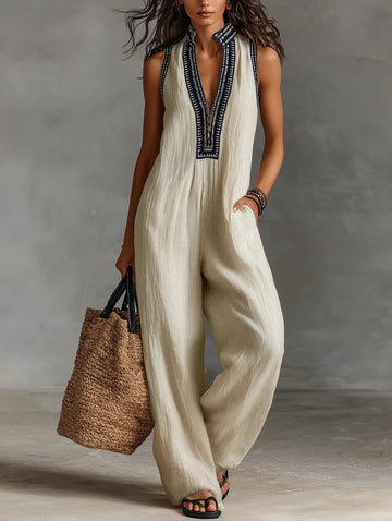 Minimalist stand-up collar zipper sleeveless jumpsuit
