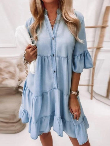 Solid-Color Washed Cotton A-Line Midi Denim Dress with Half Sleeves
