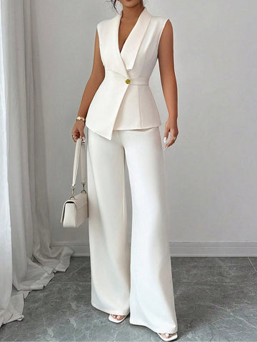 Women's Elegant Solid-Color Vest and Straight-Leg Trouser Set