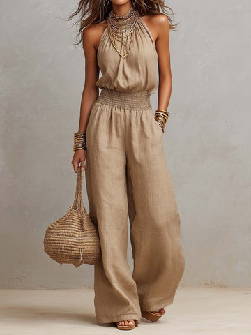 Khaki Halter-Neck Waist-Cinching Jumpsuit