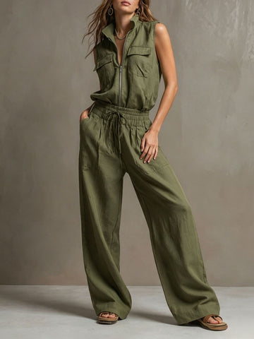 Women's Premium Sleeveless Mock-Neck Half-Zip Utility Wide-Leg Set