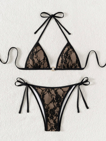 Sexy Backless Strappy Lace Triangle Bikini