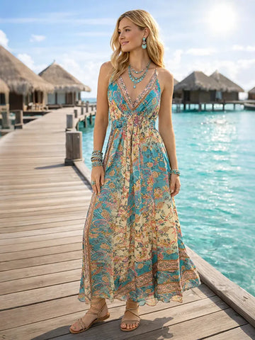 Vintage Boho Tropical Floral Print Maxi Suspender Dress