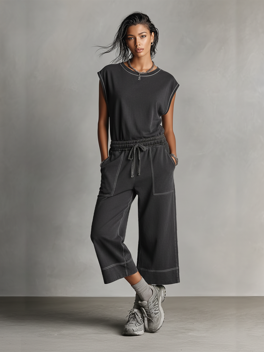 Women's Charcoal Gray Co-Ord Set With Contrast Stitching & Elastic Waist, Modern Effortless Streetwear Outfit MDZ2317D1LYL
