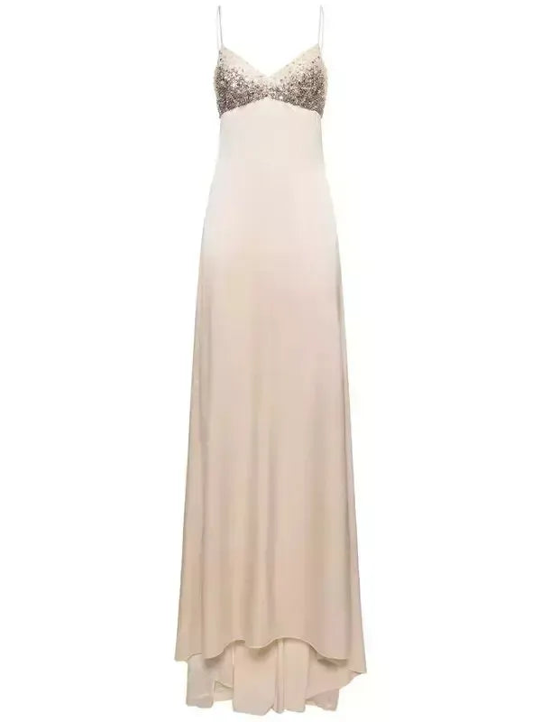 Embellished Silk Sleeveless Long Slip Dress