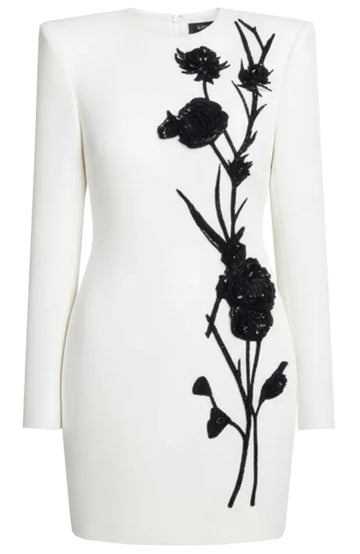 Long Sleeve Sequin Floral Detail Dress White