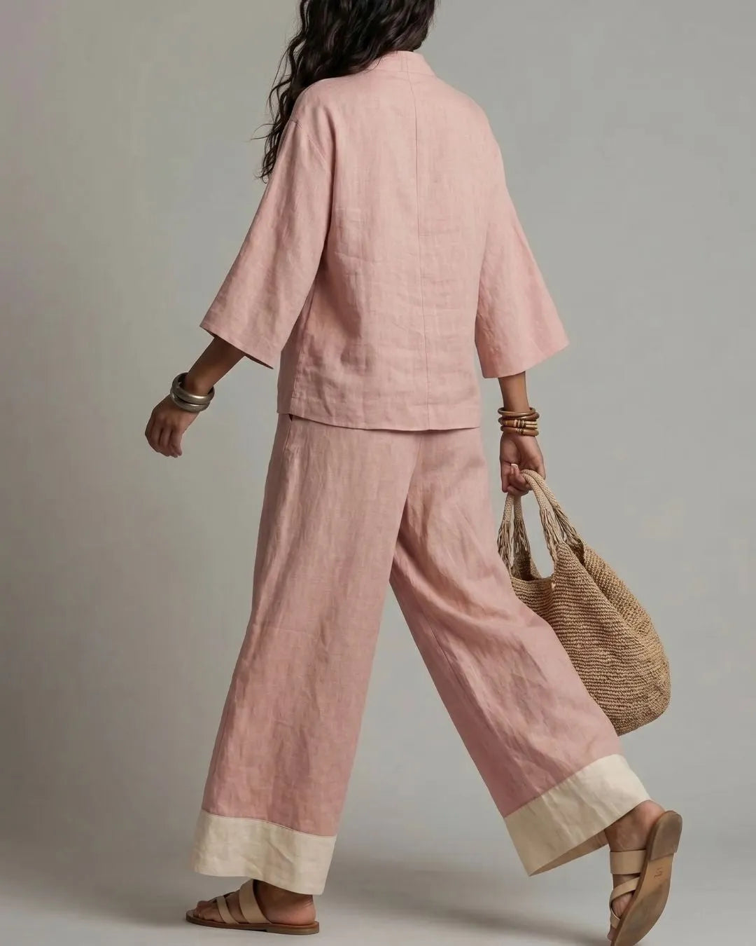 Pink V-neck Shirt And Color-blocked Wide-leg Pants Suit