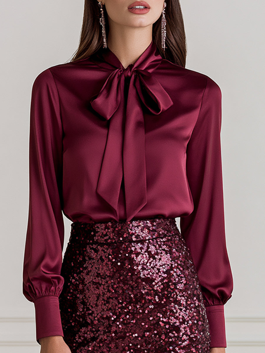 Satin Bow Blouse & Sequin Pencil Midi Skirt Two Piece Set