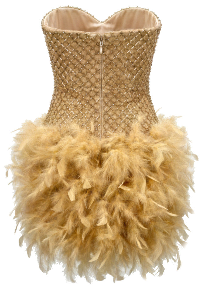 Crystal Strapless Feather Dress Gold